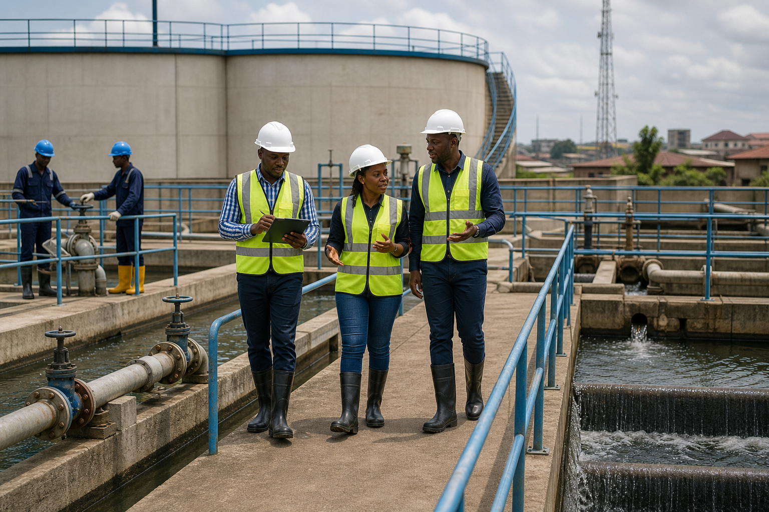 Black Nigerian project professionals inspecting a water treatment and storage facility